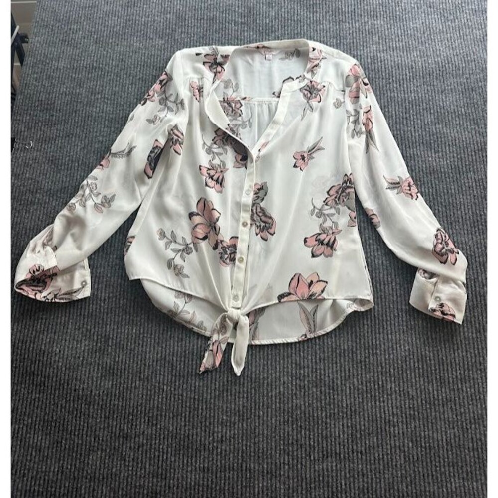 Women’s White Floral Button-Up Tie-Front Blouse Long Sleeve Casual Size Small
